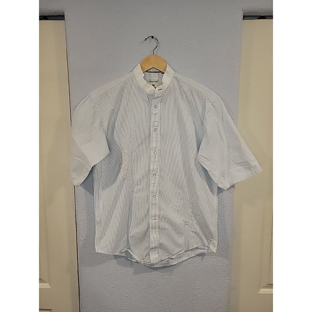 Rough Stock Panhandle Slim Pearl‎ Snap Shirt Size M Blue Pinstripe Embroidery